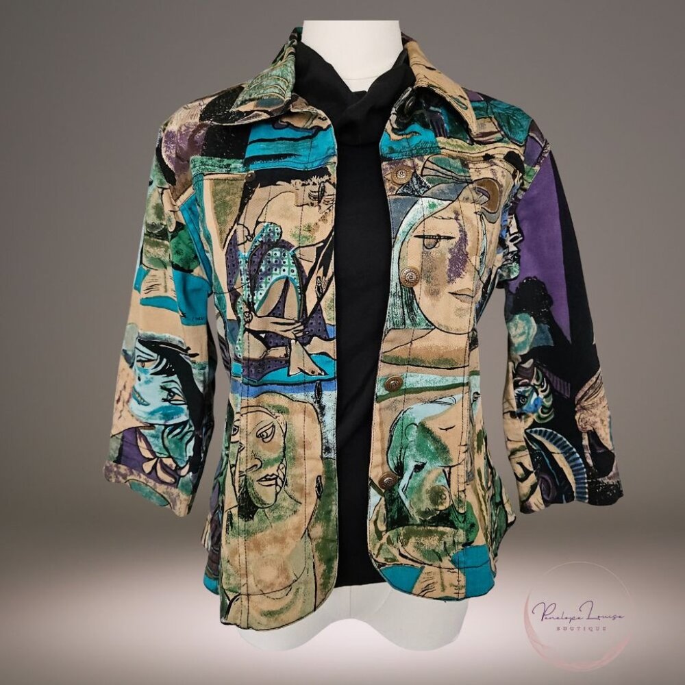 Kaktus Abstract Art Print Button Jacket – Picasso Style Faces – Multicolor